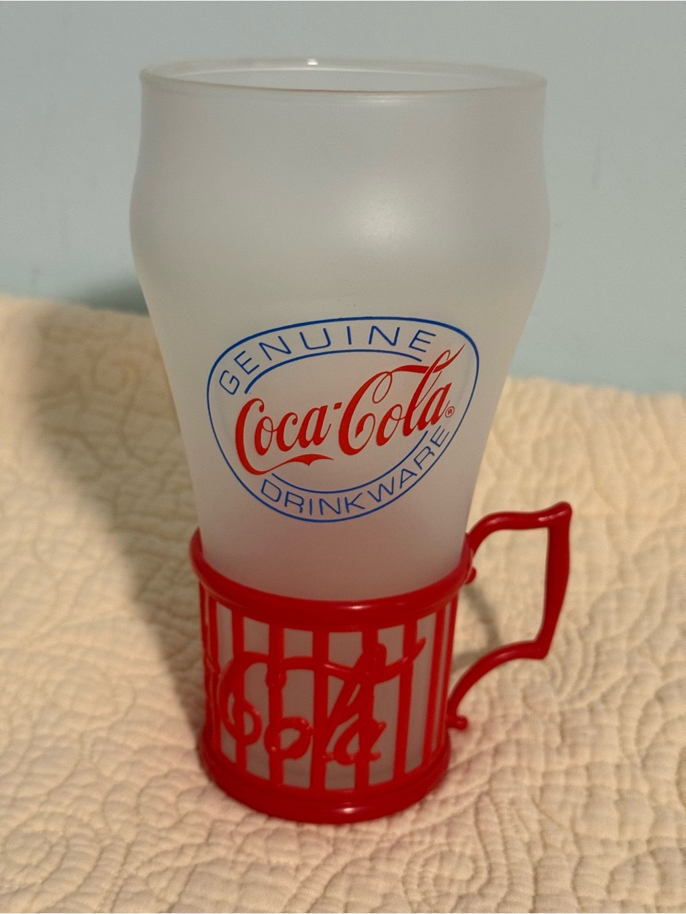 Vintage Coca Cola Frosted Glass with Red Logo Holder!